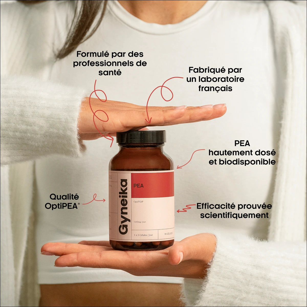 complement alimentaire au pea par Gyneika formulé par des professionnels de santé, fabriqué par un laboratoire francais, pea hautement dose et biodisponible, qualite Optipea