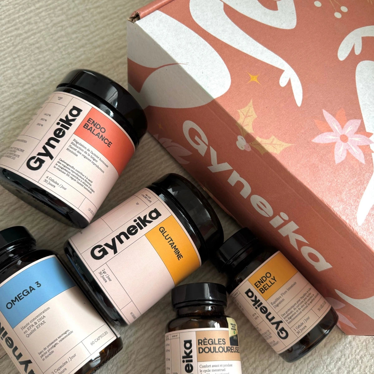 Pack complet cure compléments alimentaires endométriose Gyneika Glutamine Endobelly Endobalance Règles douloureuses Omega 3