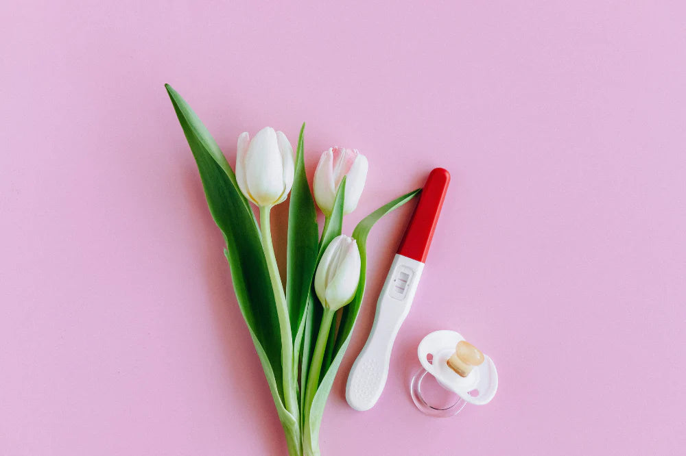 fertilité et endométriose avec botte de tulipe test de grossesse et tetine de bebe